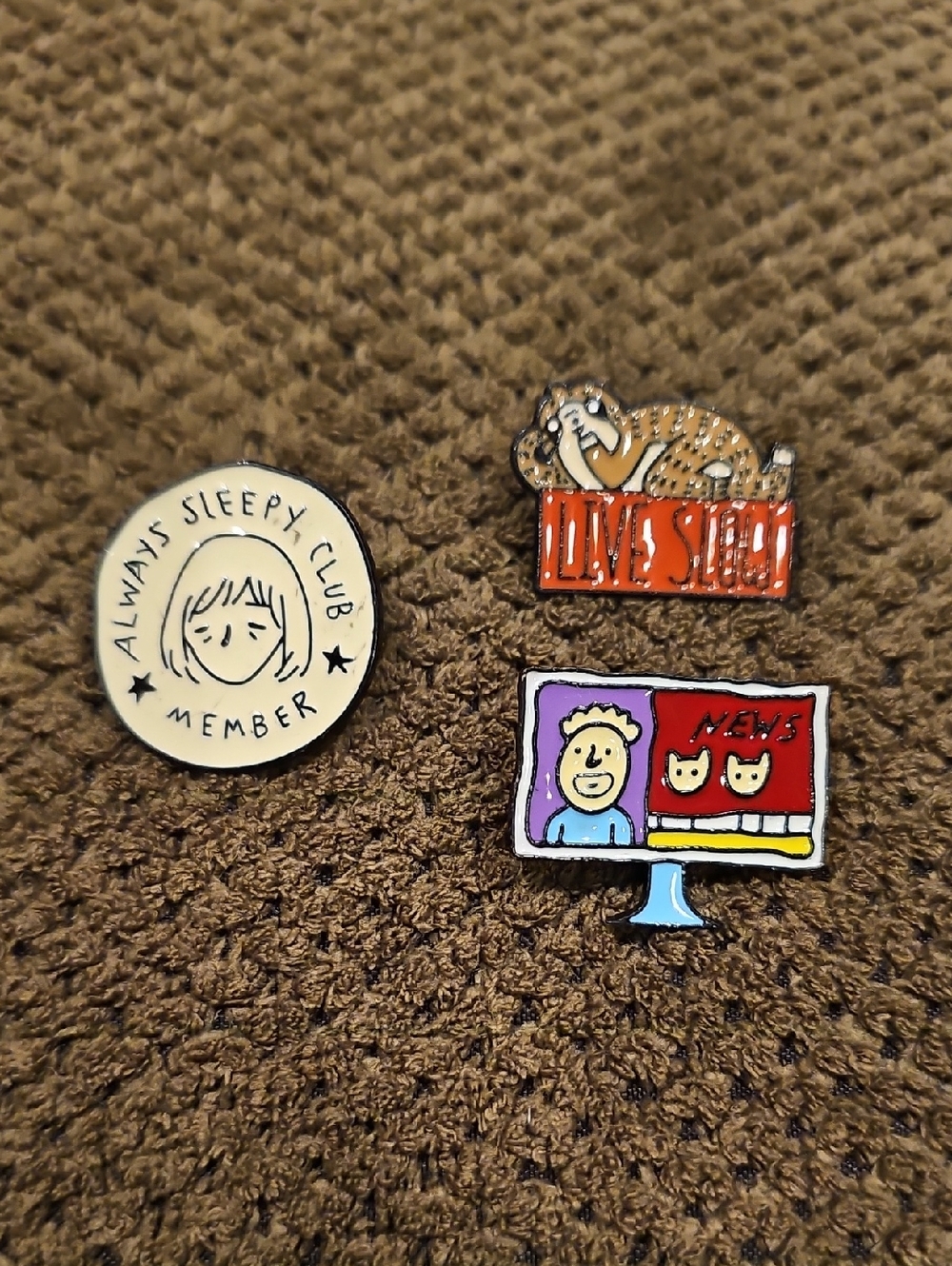 Three Cute Enamel Pins - 'Always Sleepy Club', Cat 'Live Sleep', TV News Cartoon